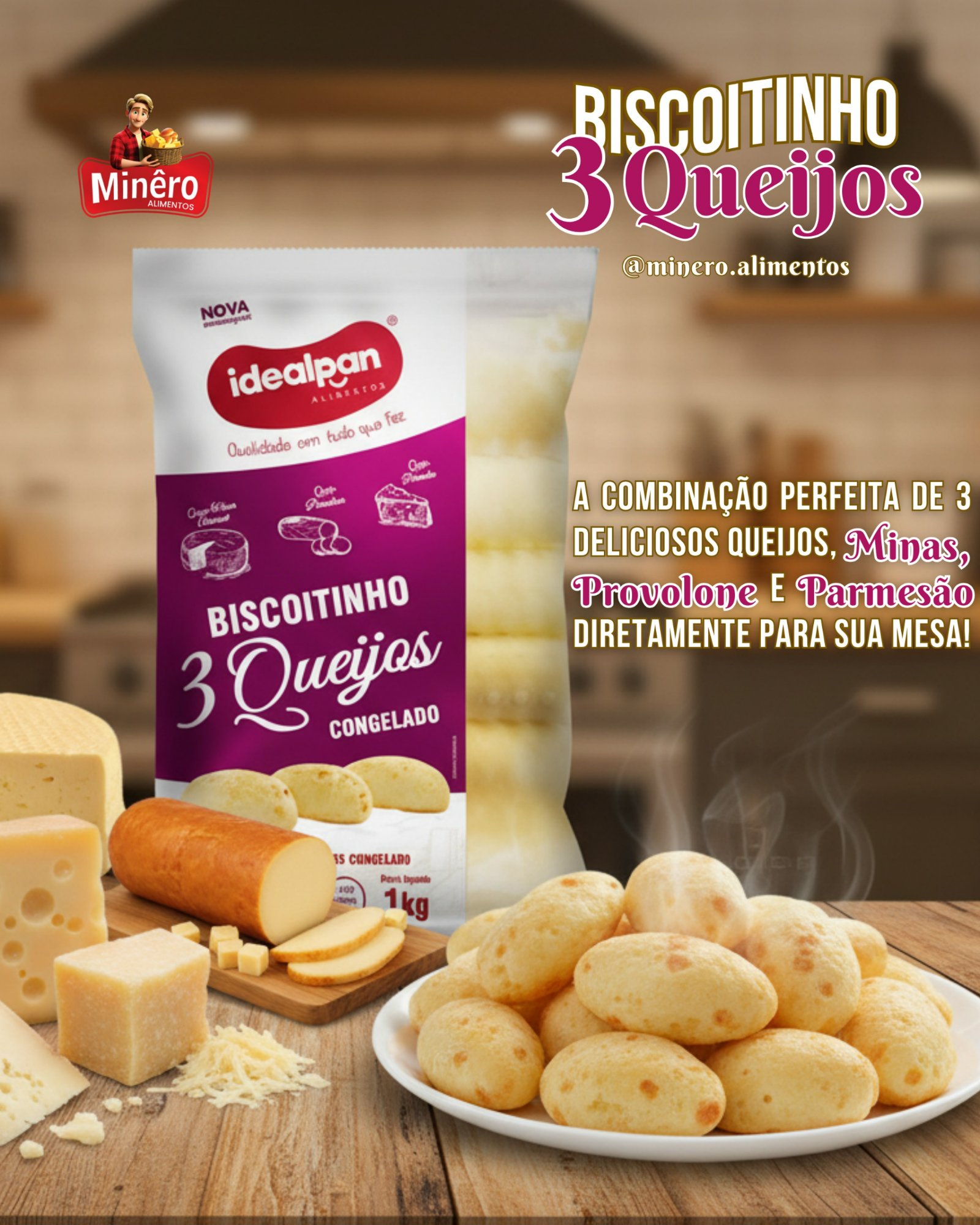 Biscoitinho 3 Queijos Idealpan Minas Provolone Parmesão RJ