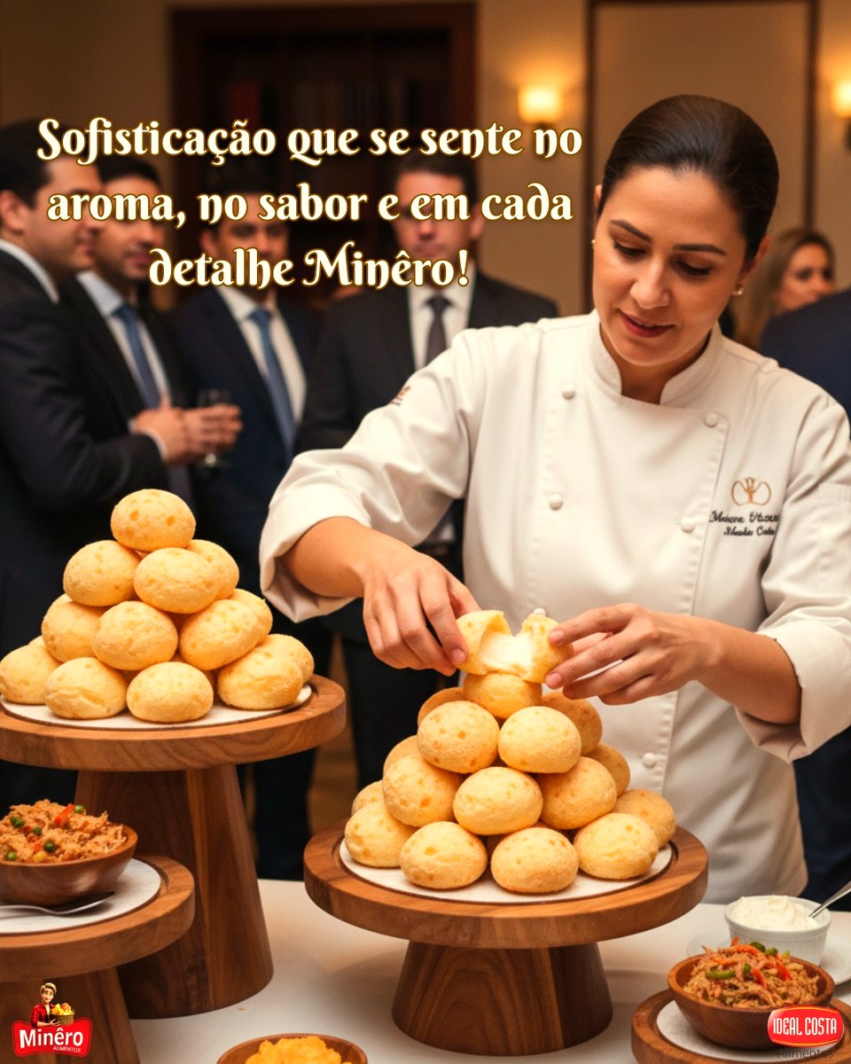 Chef servindo pão de queijo em evento corporativo